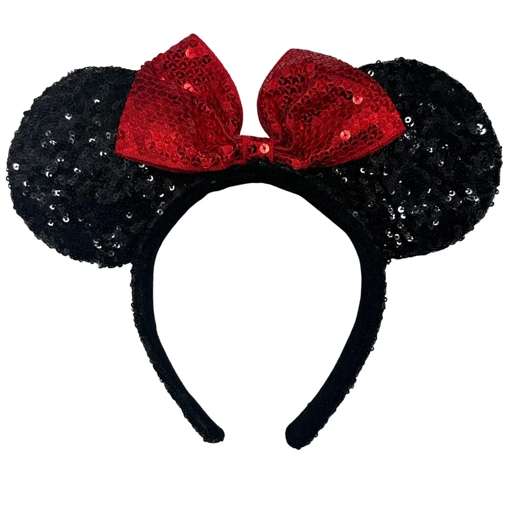 Disney Minnie Mouse‎ Sequin Ears Headband Black with Red Sequin Bow Accessory